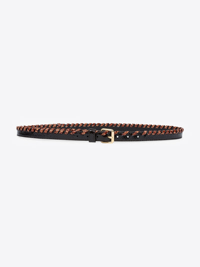 Black belt with brown braided detail on a white background - Dries Van Noten