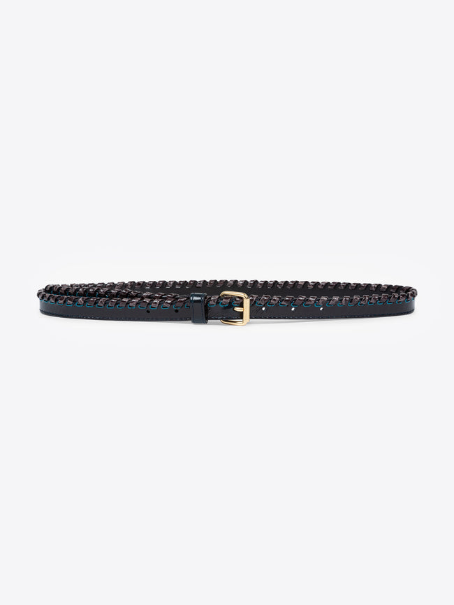 Black studded belt with a gold buckle on a white background