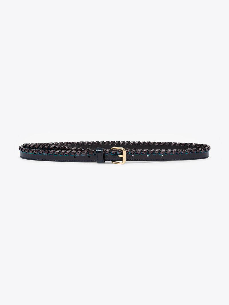 Black studded belt with a gold buckle on a white background