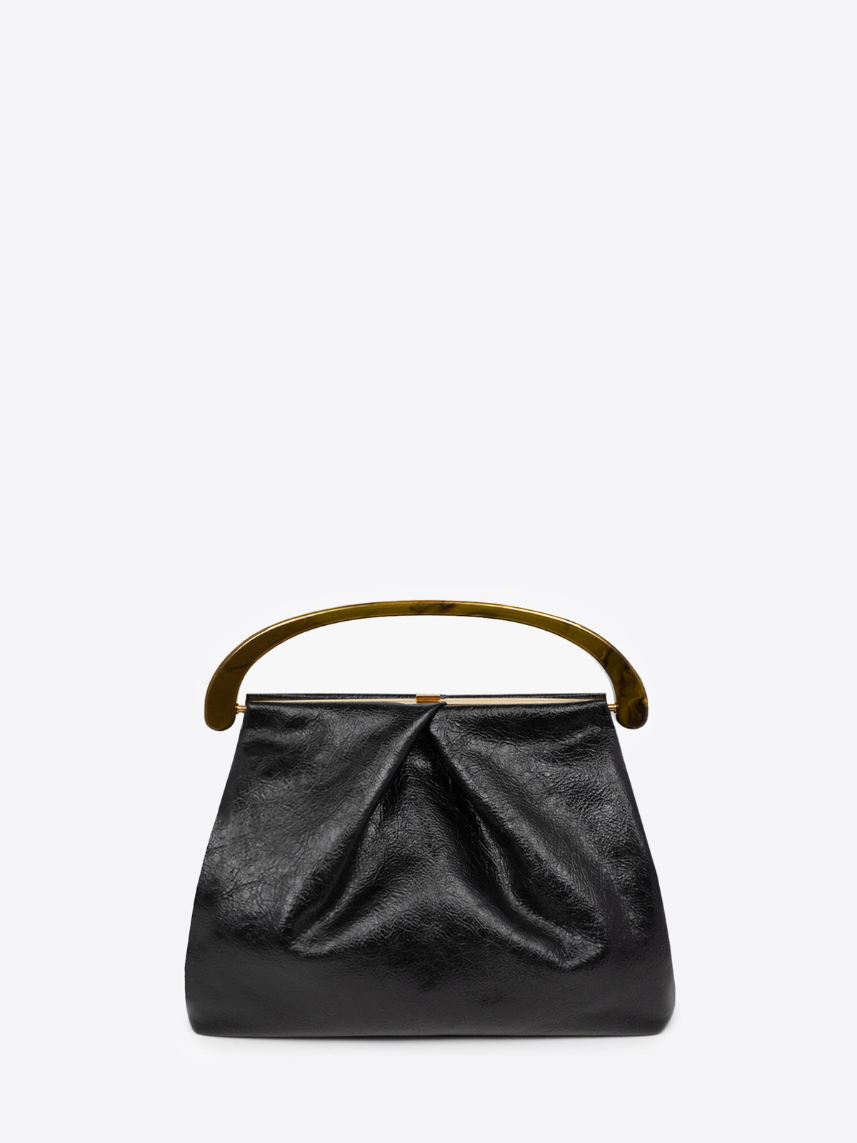 Black pleated leather bag with brown resin handle on a white background