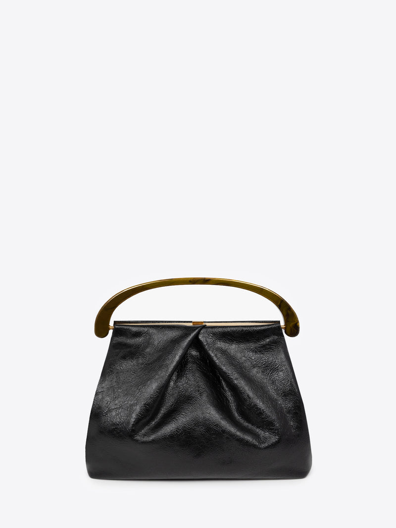 Black pleated leather bag with brown resin handle on a white background