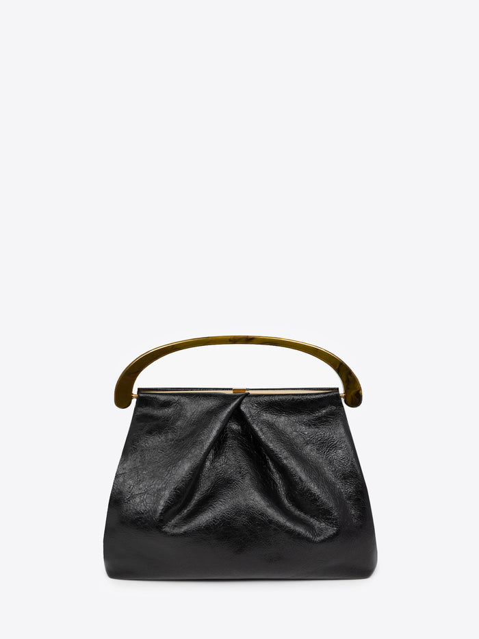 Black pleated leather bag with brown resin handle on a white background