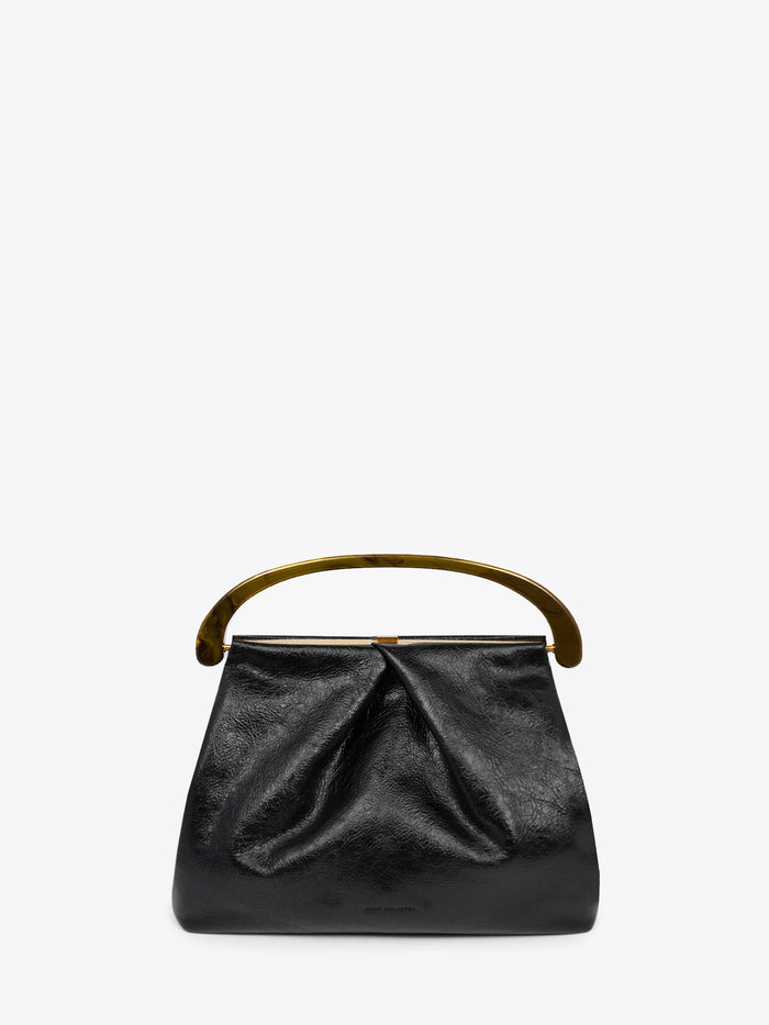 Black pleated leather bag with brown resin handle on a white background