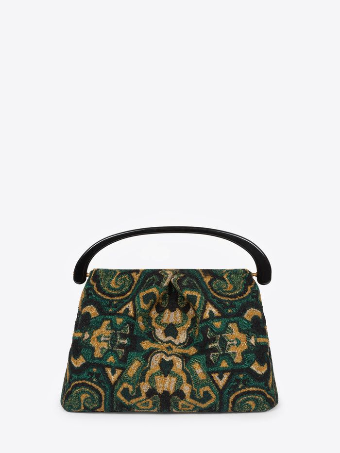 Pleated jacquard bag with green, yellow and black design on a white background