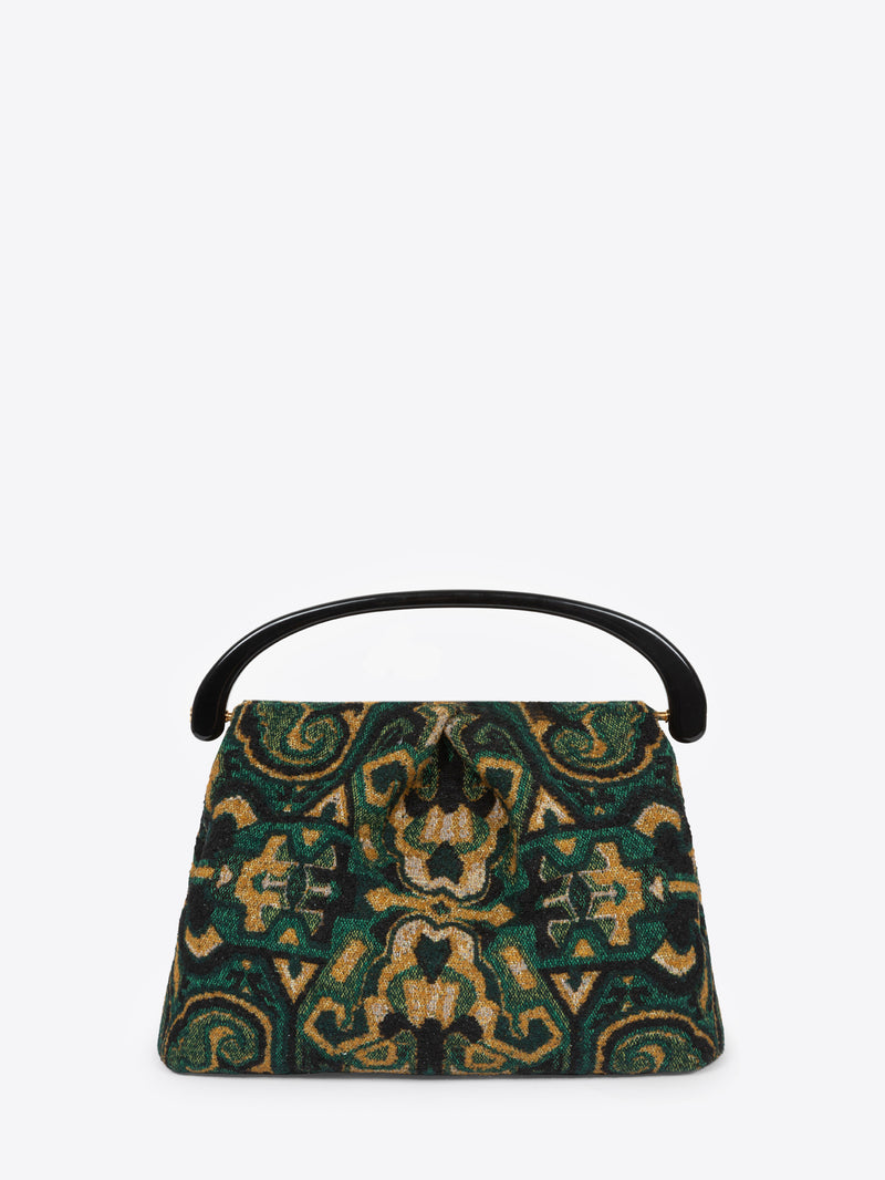 Pleated jacquard bag with green, yellow and black design on a white background