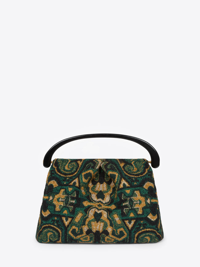 Pleated jacquard bag with green, yellow and black design on a white background