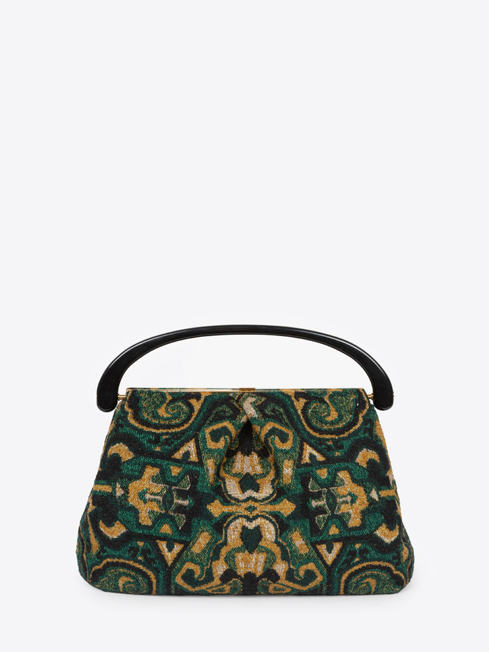 Pleated jacquard bag with green, yellow and black design on a white background