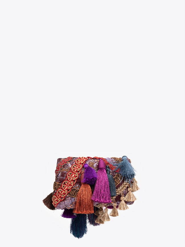 Colorful handbag with tassels on a white background