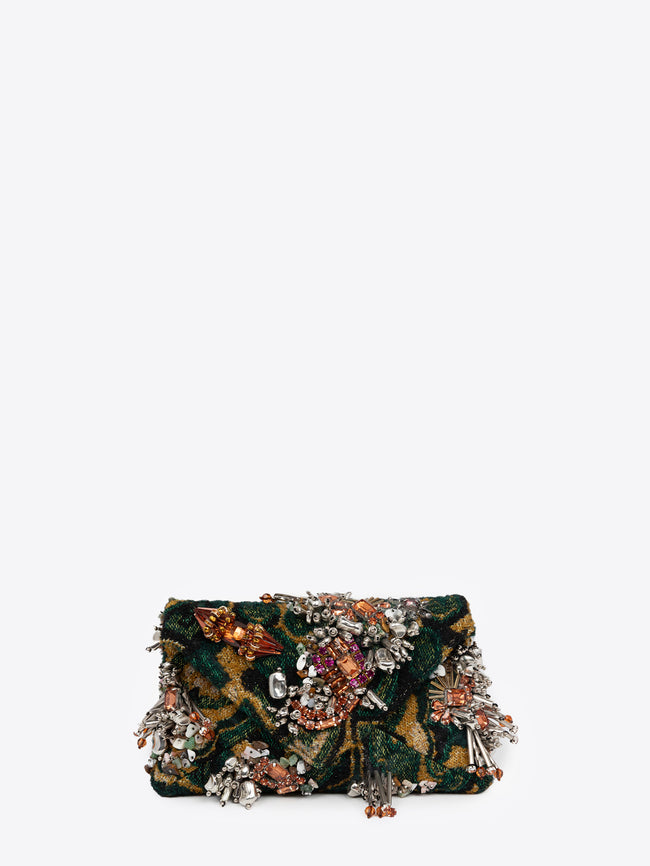 Clutch bag with floral embellishments on a white background