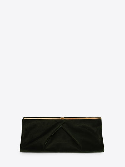 Olive colored, pleated velvet clutch on a white background - Dries Van Noten