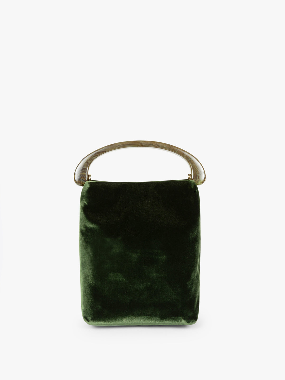 Green velvet handbag with a gold handle on a white background