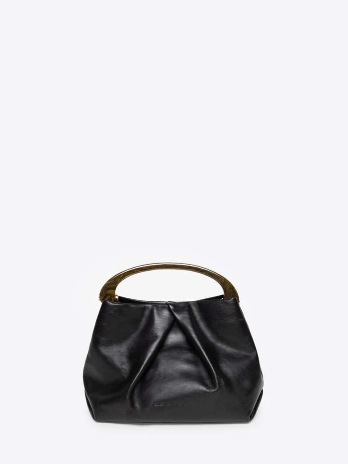 Small pleated leather bag with resin handle on a white background