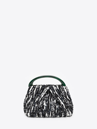 Small, black and white patterned pleated jacquard bag with embellishments on a white background - Dries Van Noten
