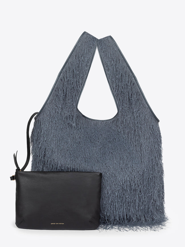 Gray textured bag with a matching pouch on a white background