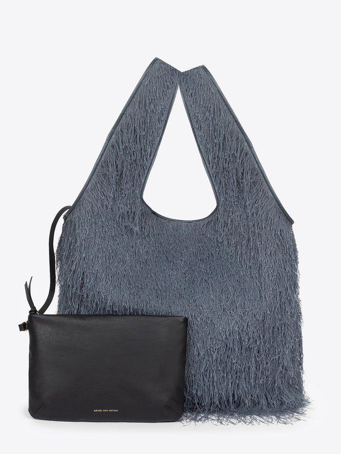 Gray textured bag with a matching pouch on a white background