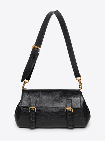 Black leather satchel with detachable shoulder strap on a white background - Dries Van Noten