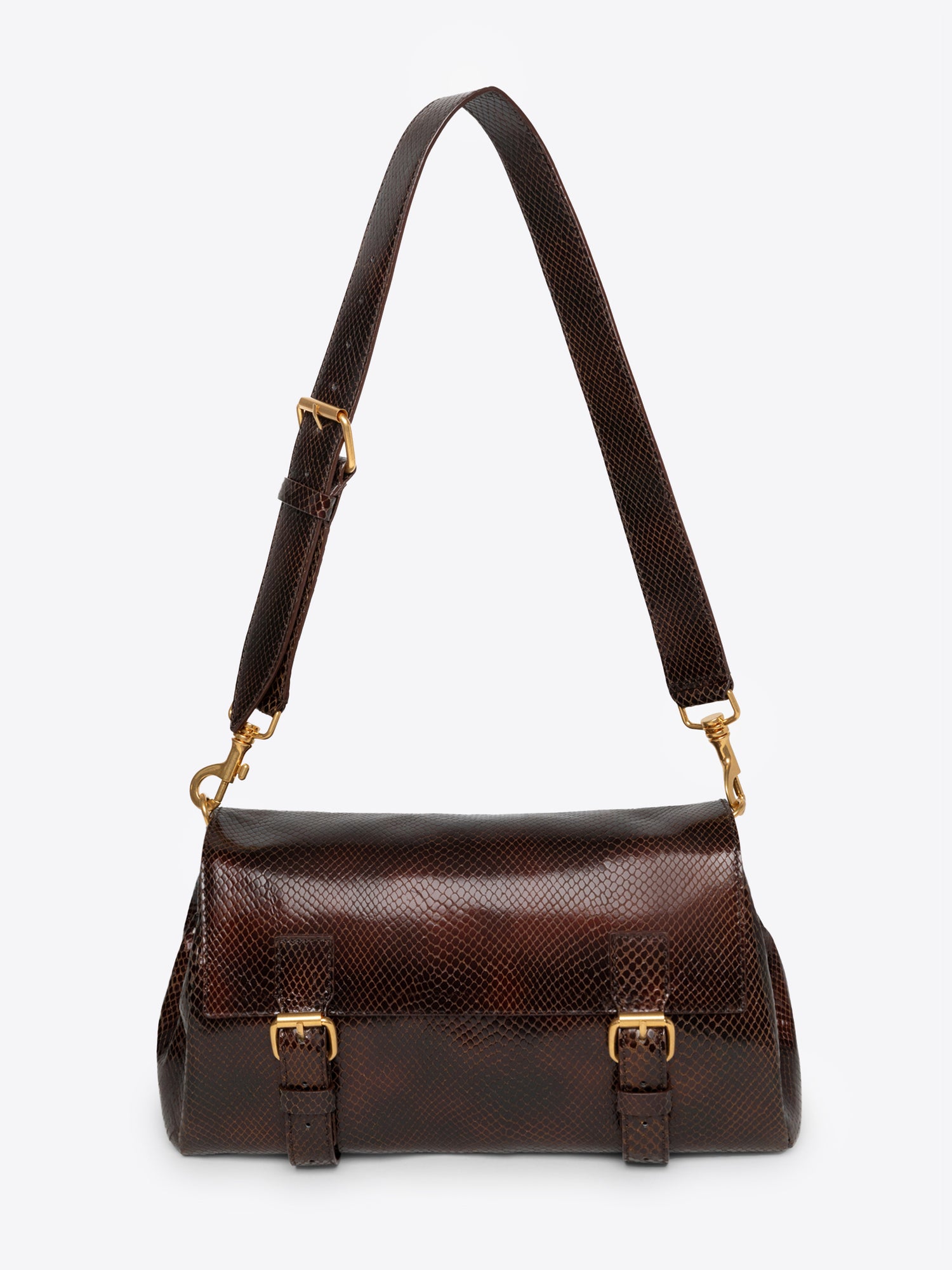 Dark brown leather satchel with detachable shoulder strap on a white background