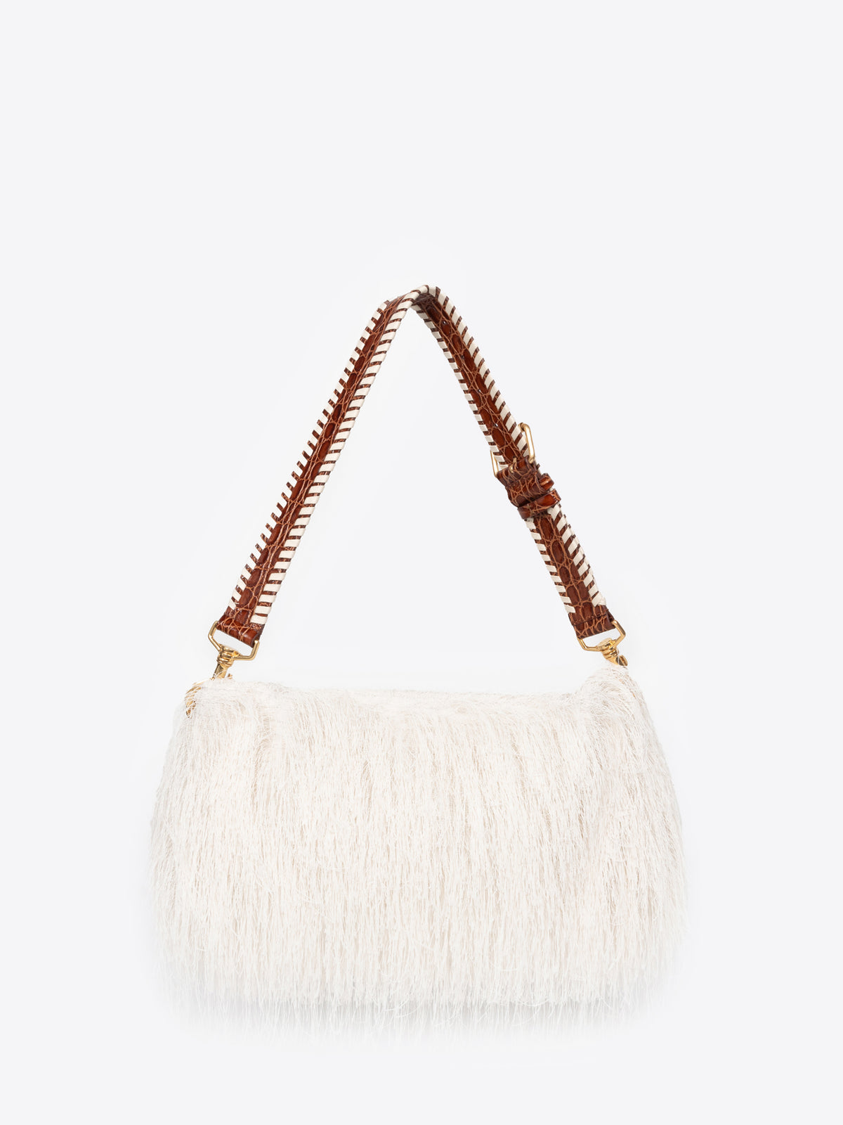 White handbag with brown leather handle on a white background