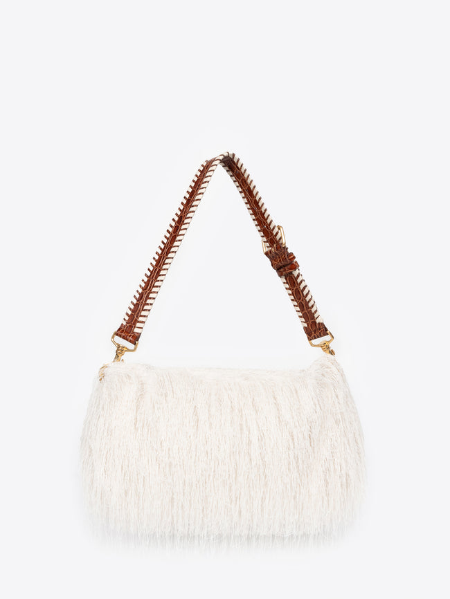 White handbag with brown handle on a white background