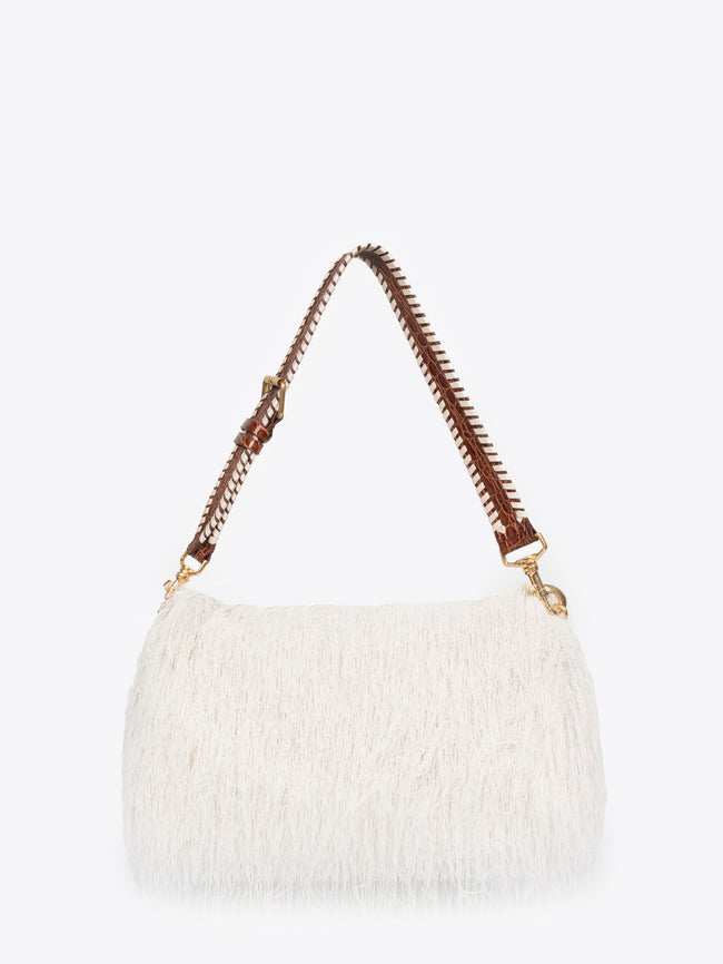 White textured handbag with brown chain handle on a white background