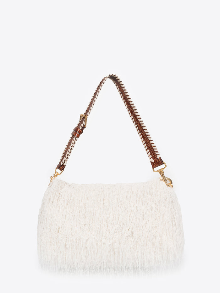 White textured handbag with brown chain handle on a white background