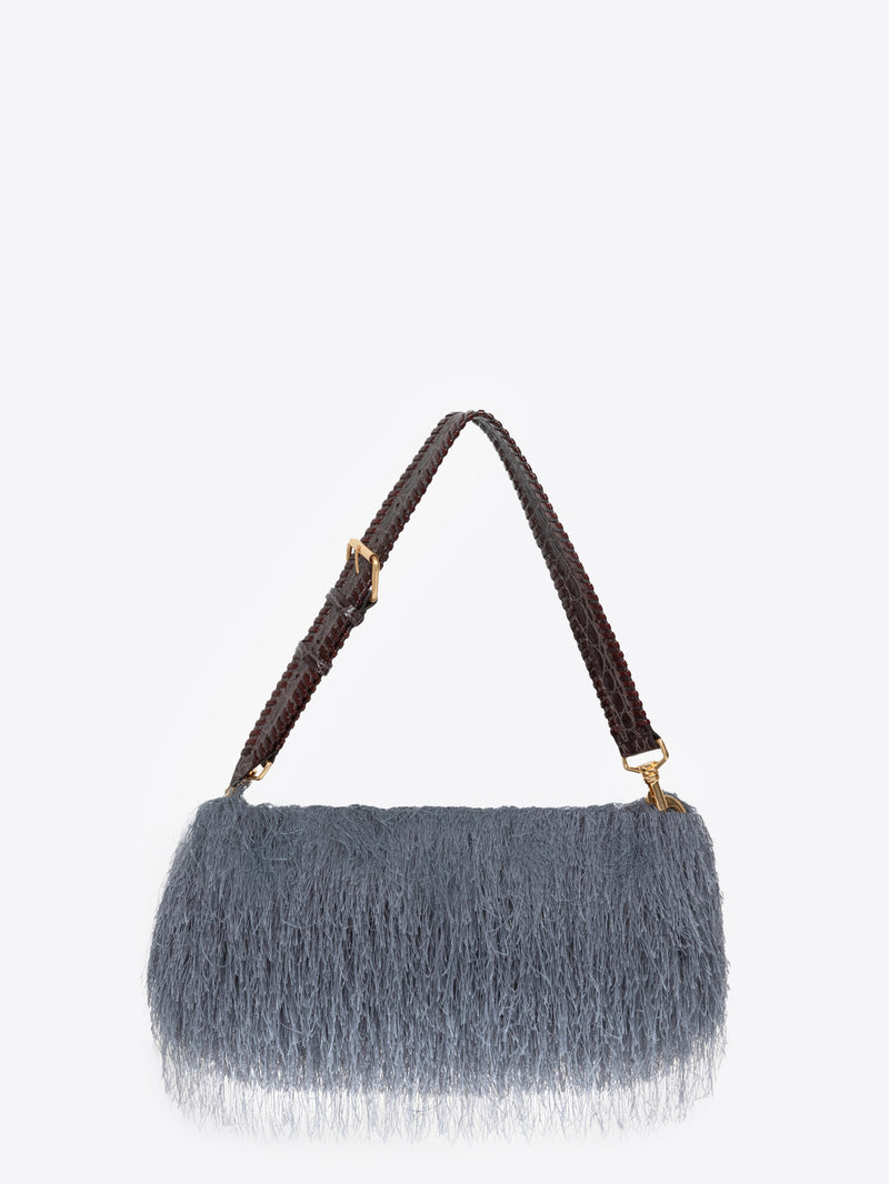 Gray handbag with a textured surface and braided handle on a white background