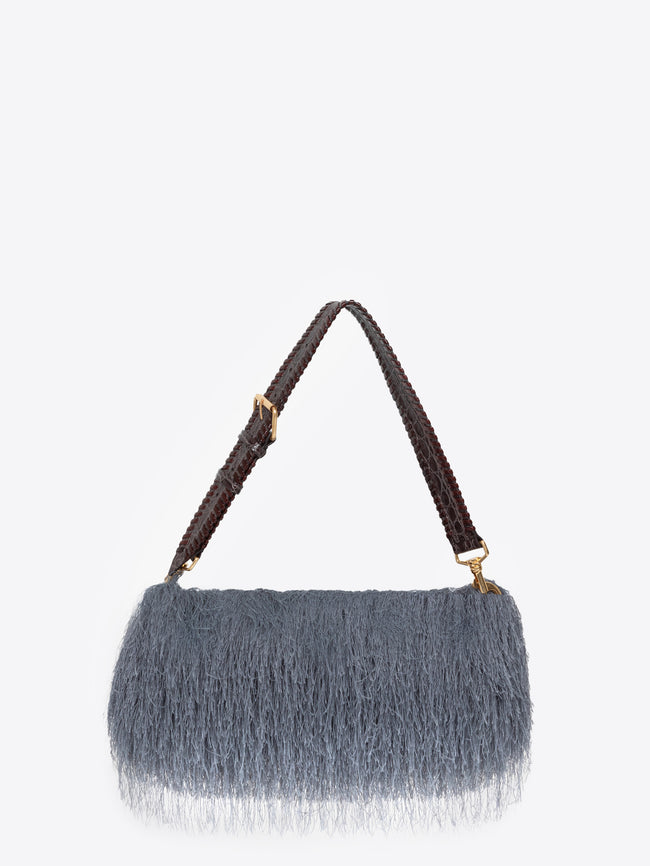 Gray fluffy handbag with a braided handle on a white background