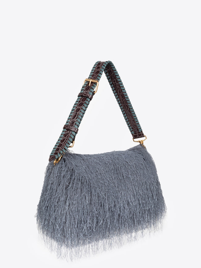 Gray handbag with braided handle on a white background