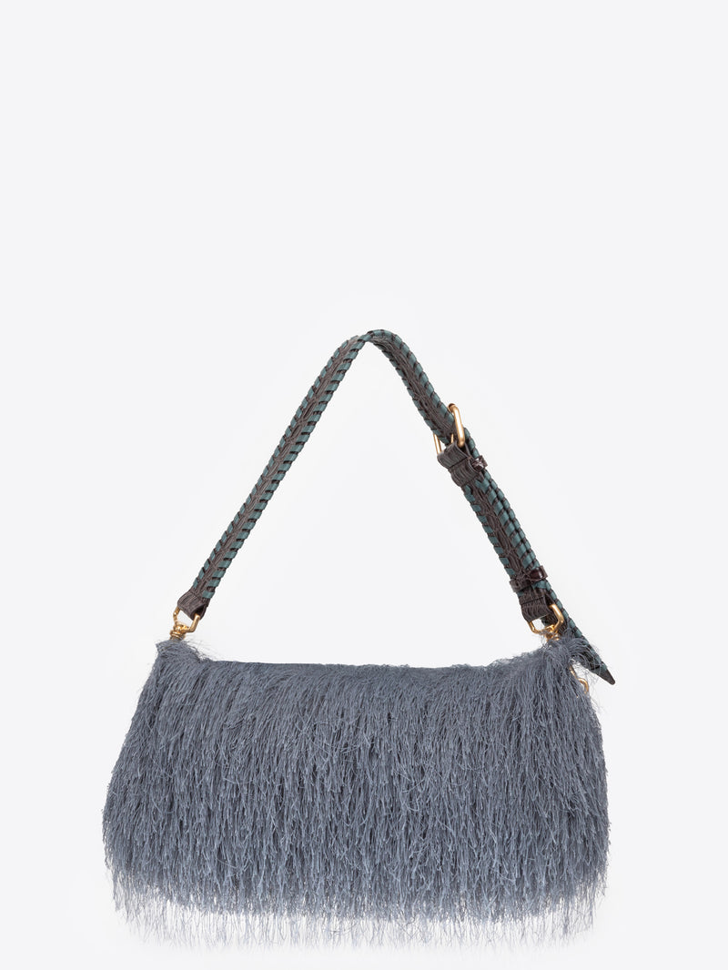 Gray handbag with fringe details on a white background