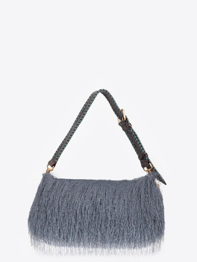 Gray handbag with fringe details on a white background