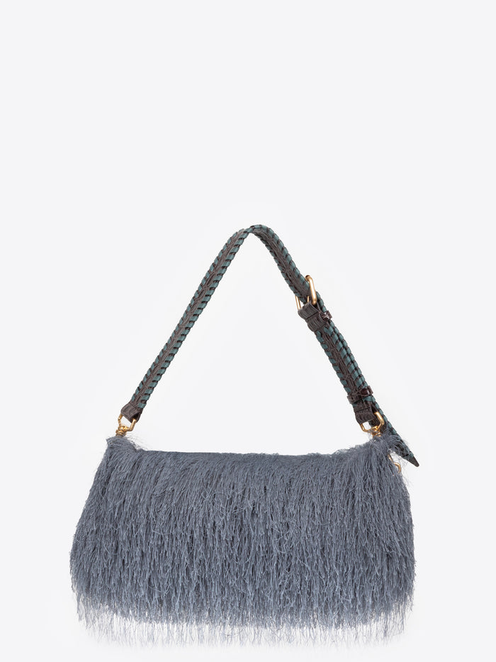 Gray handbag with fringe details on a white background