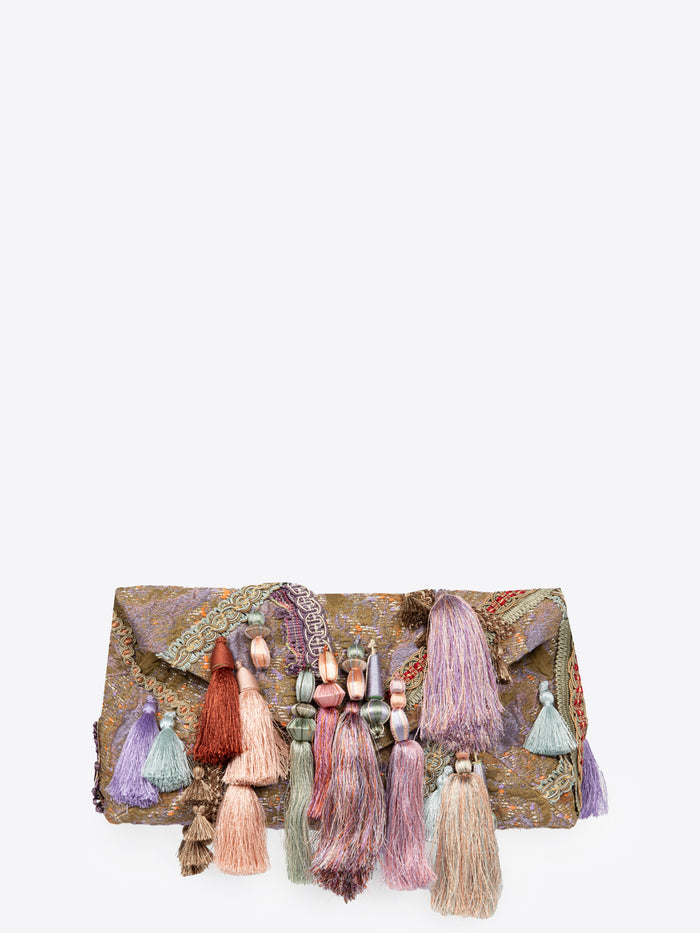 Multicolored clutch bag with tassels on a white background
