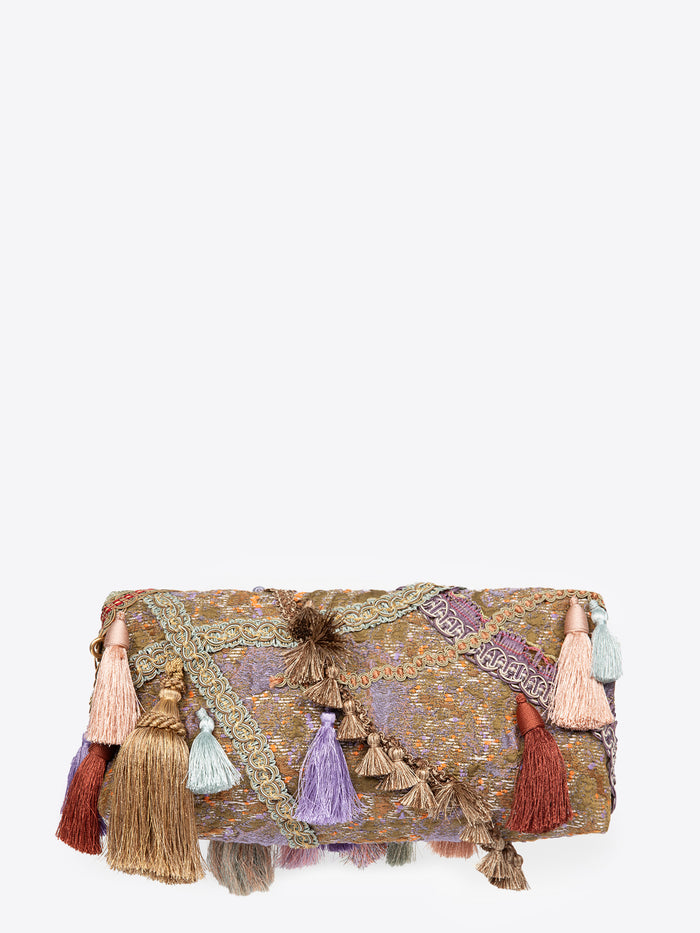 Multicolored clutch bag with tassels on a white background