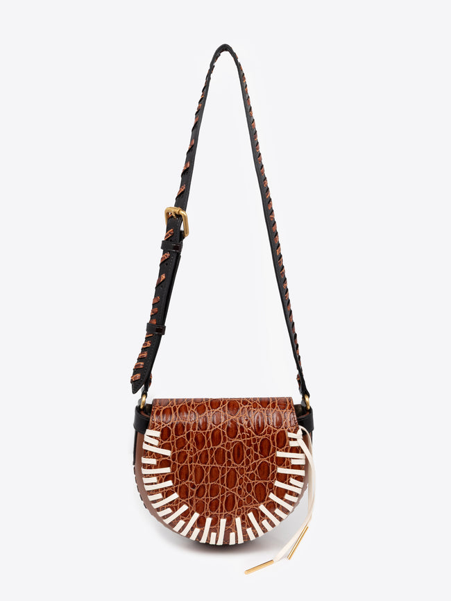 Brown handbag with a textured pattern on a white background