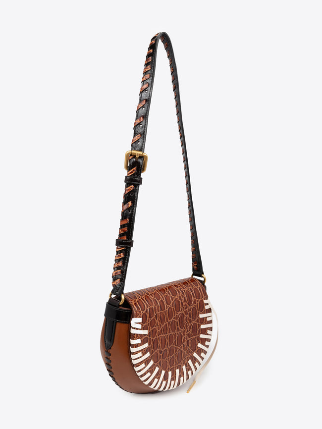 Brown handbag with a textured pattern on a white background