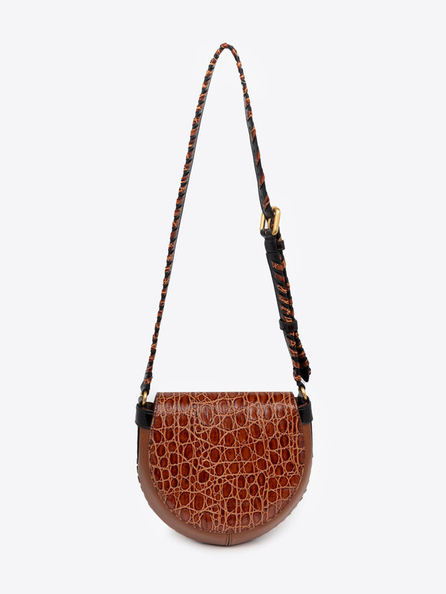 Brown handbag with a textured pattern on a white background