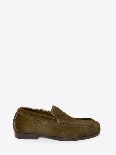 Calf hair, pistache colored leather loafer on a white background - Dries Van Noten