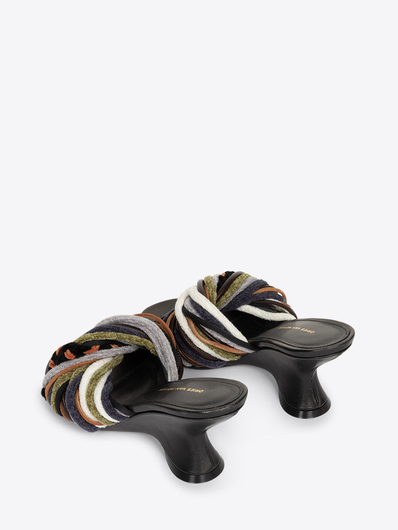 Multicolored woven sandals on a white background
