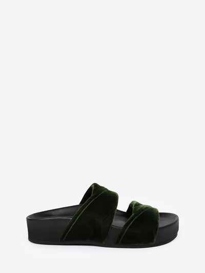 Olive colored, velvet, slip on leather sandal on a white background - Dries Van Noten