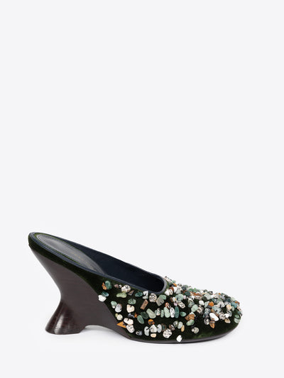 Olive colored embellished mule on a white background - Dries Van Noten