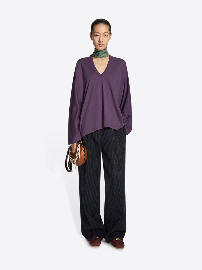 Person wearing a purple top, black thin striped pants and a pair of bordeaux colored nylon sneakers with yellow laces on a white background