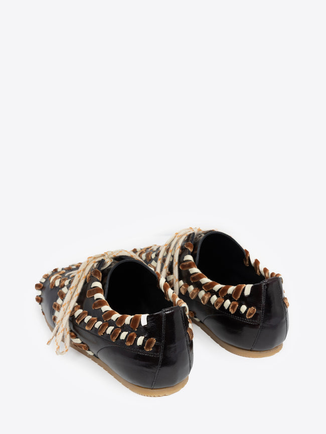 Backside of a pair of stitch embellished, black leather sneakers on a white background