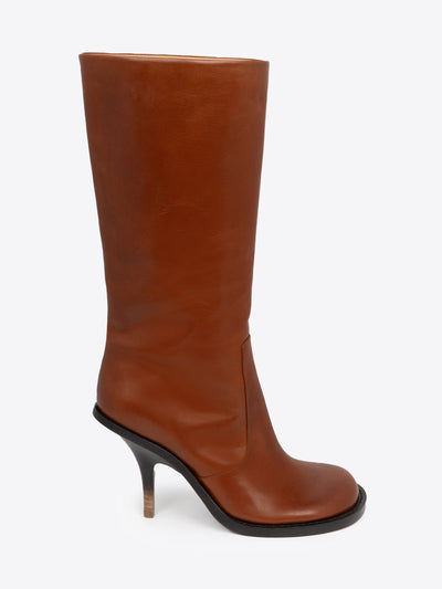 Tan, round-toe, stiletto heal leather boot on a white background - Dries Van Noten