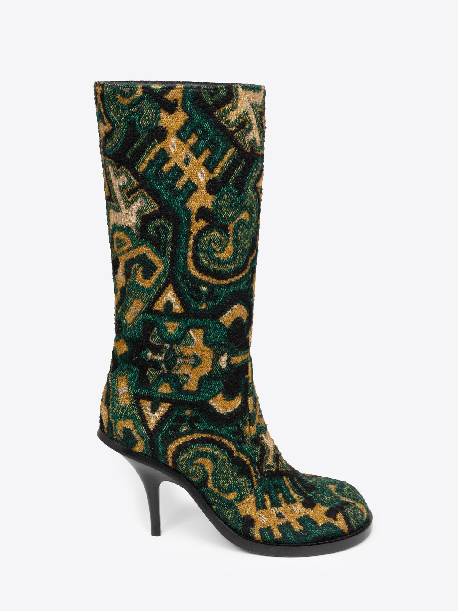 Green, yellow and black patterned round-toe, stiletto heel jacquard boot on a white background