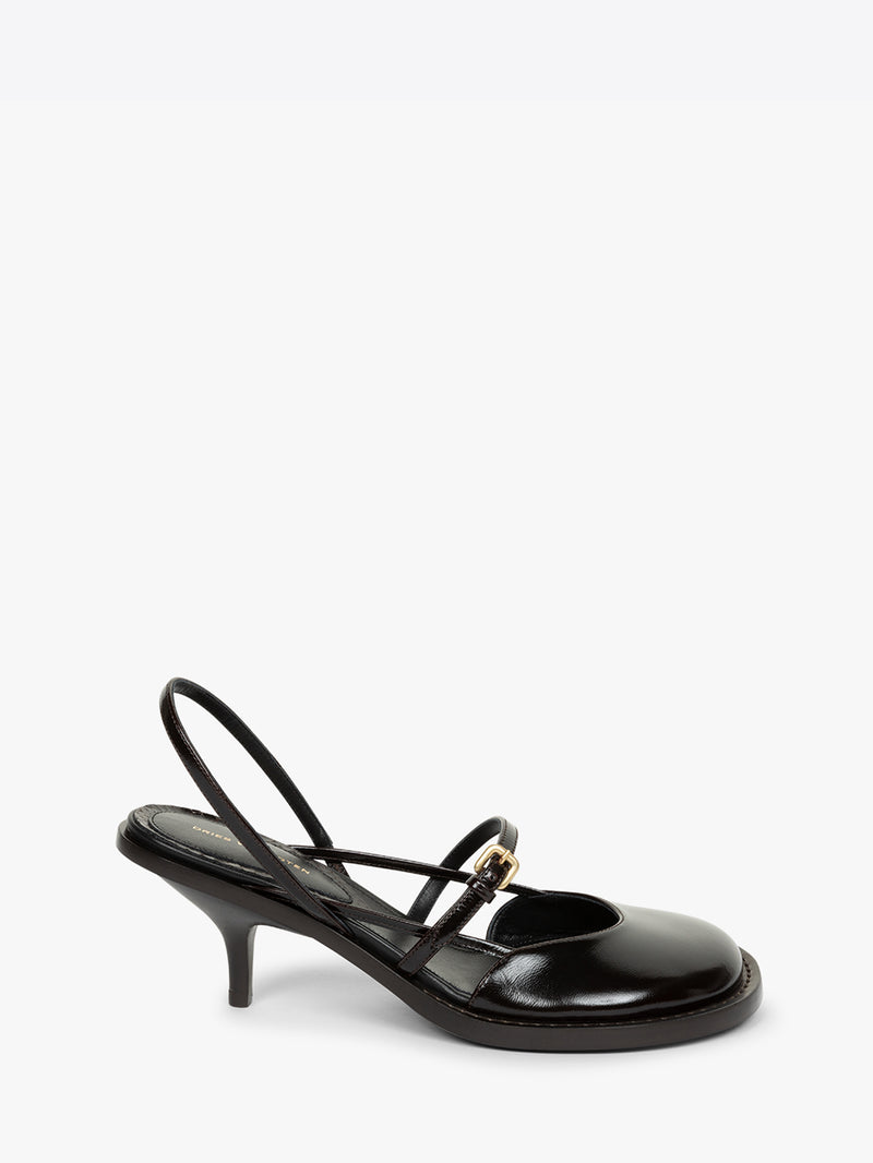 Black high-heeled sandal on a white background