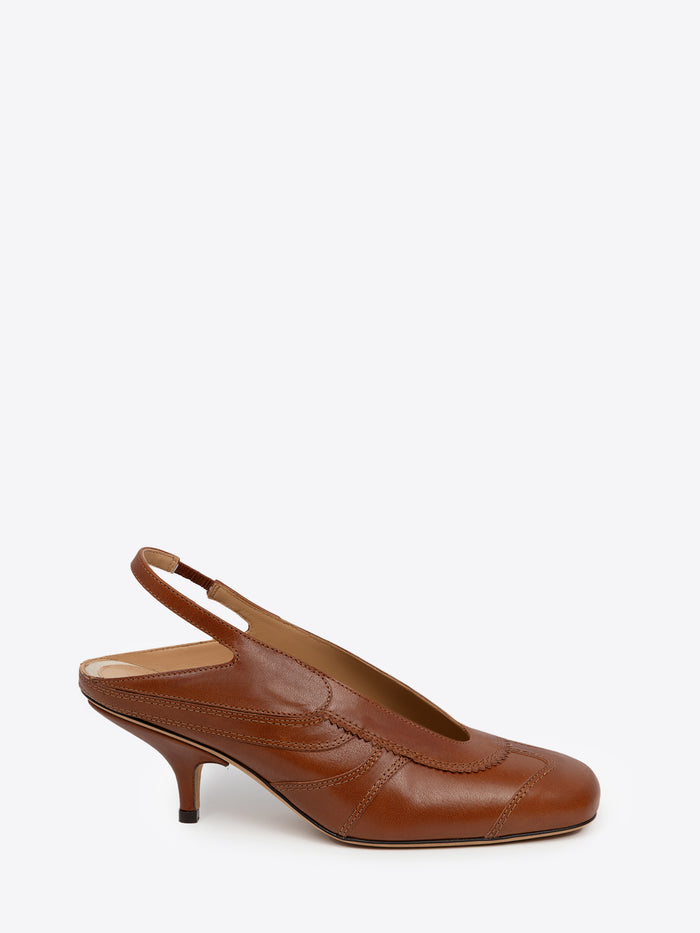 Brown leather slingback shoe on a white background