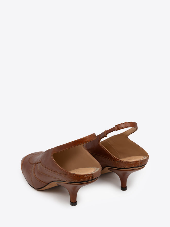 Brown leather slingback shoe on a white background