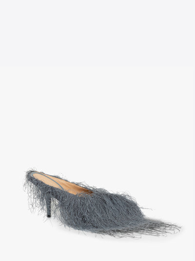 Gray high-heeled shoe with fringe details on a white background - Dries Van Noten