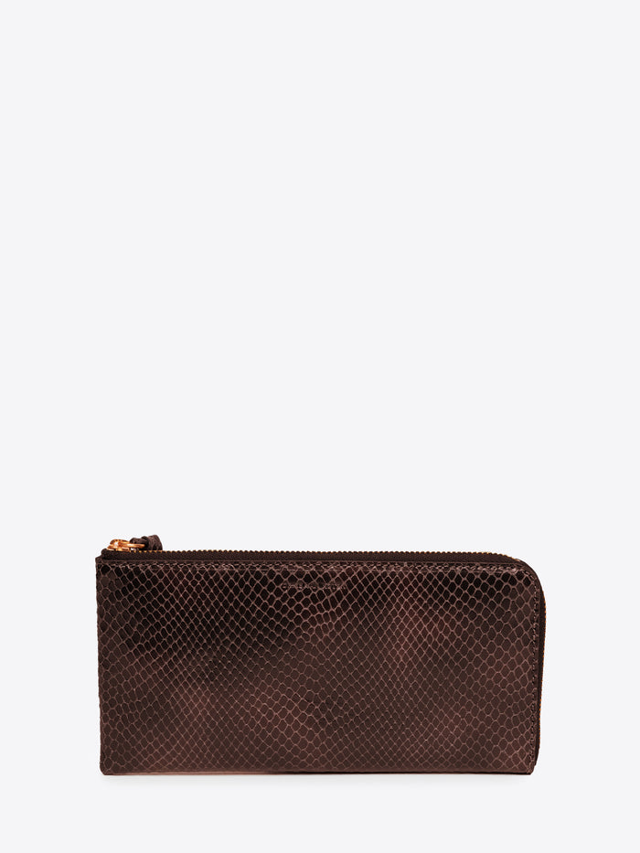 Brown textured wallet with a gold zipper on a white background