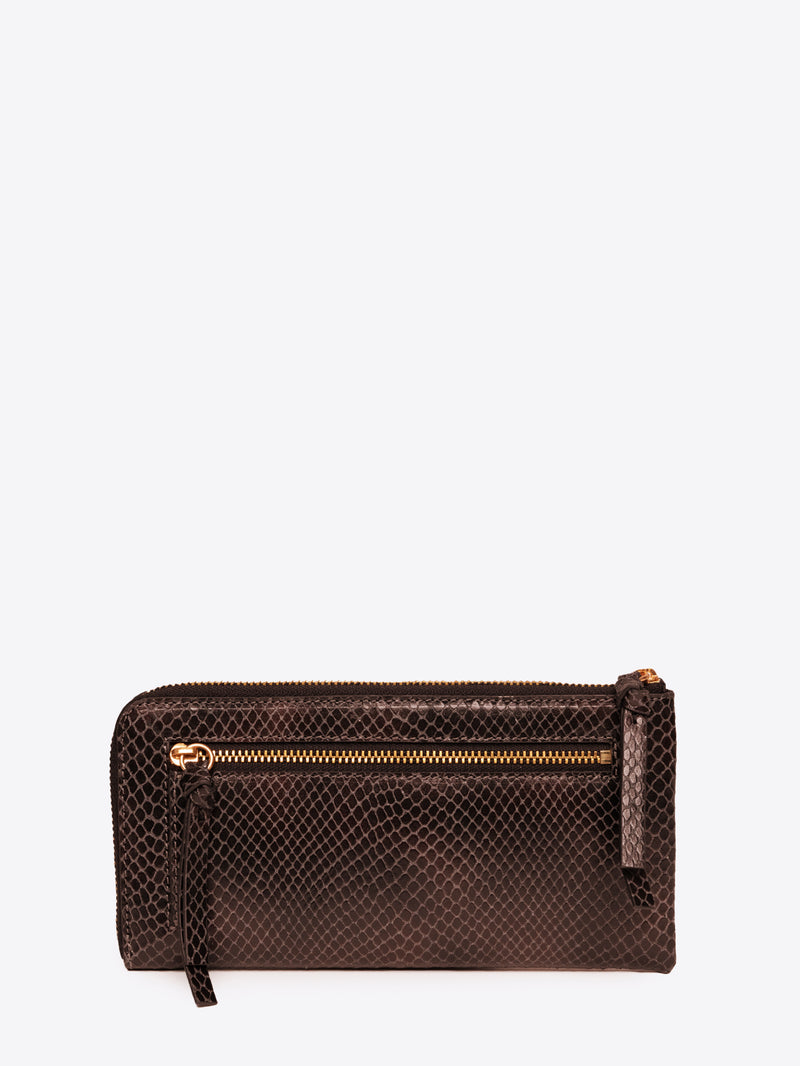 Brown wallet with a zipper on a white background